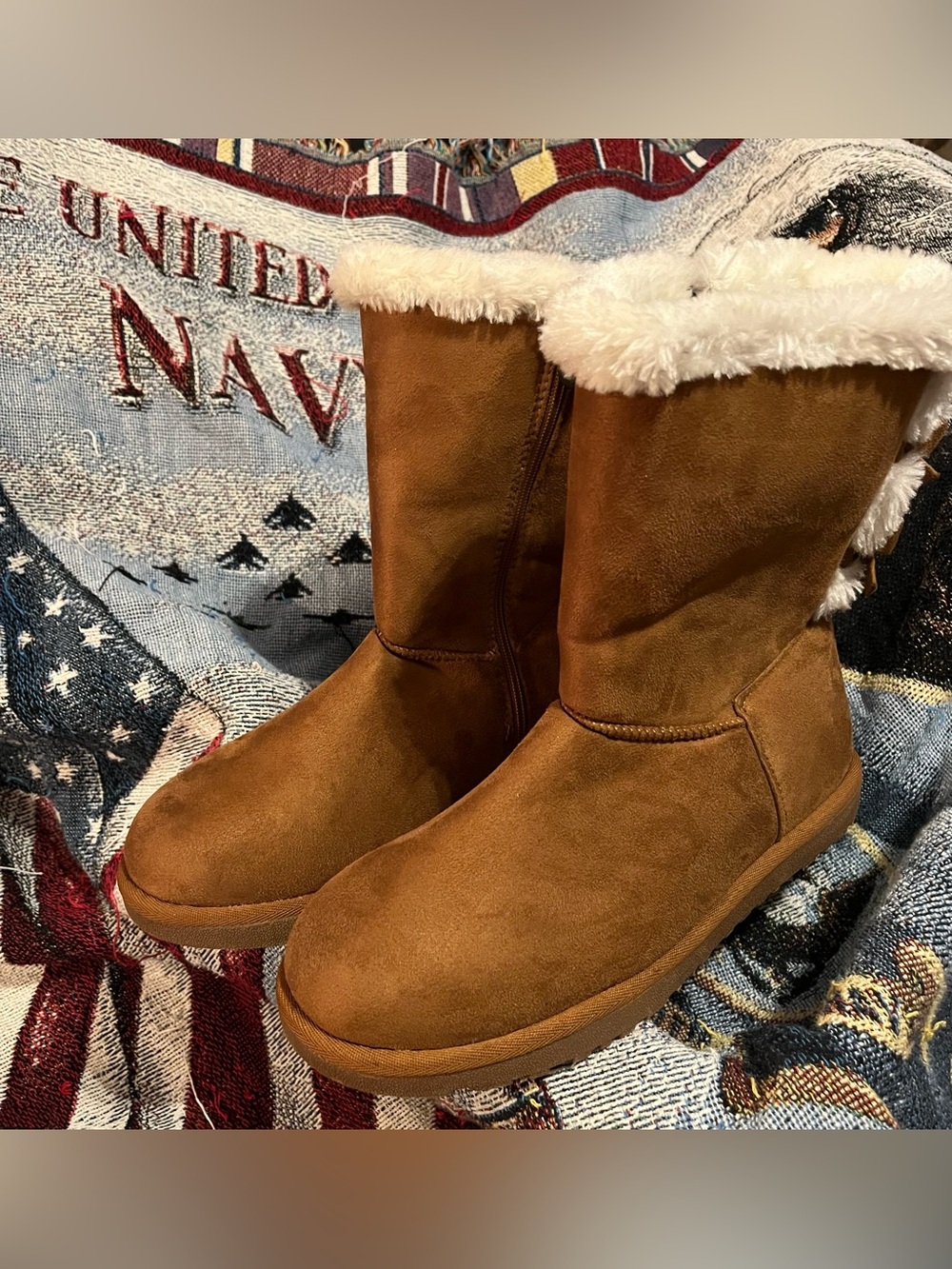 Jessica Cline Bow Chestnut Faux-Shearling Mid-Calf Winter Boots